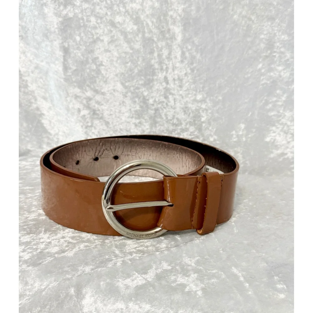 Michael Kors Womens Lug Brown Patent Leather Wide Belt Silver Buckle Med NWT